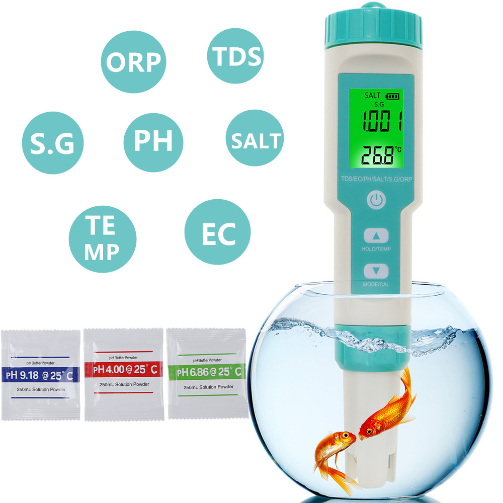 Marine Aquarium Water Analyzer - New 7 in 1 Digital Salinity